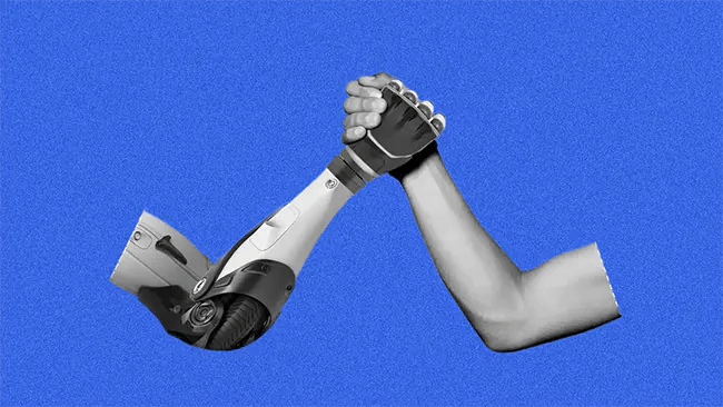 A human and a robot arm hands