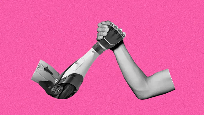 A human and a robot arm hands