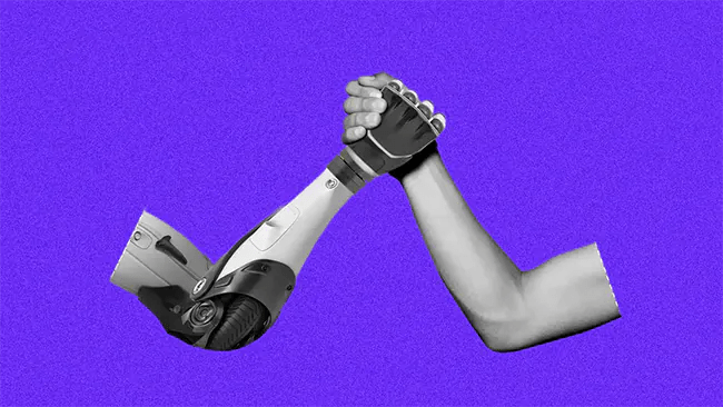 A human and a robot arm hands
