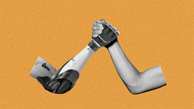 A human and a robot arm hands