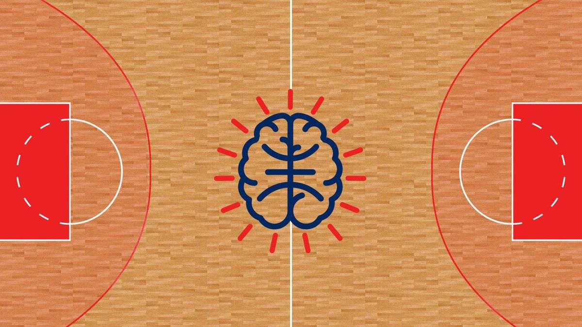 A brain at the half-court line on a basketball court. 