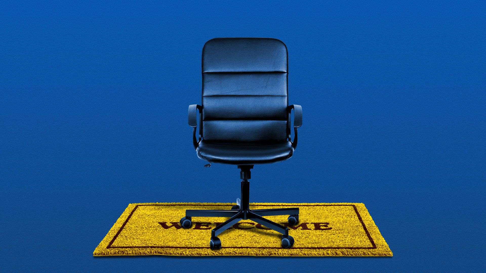 An office chair sitting on top of a welcome mat