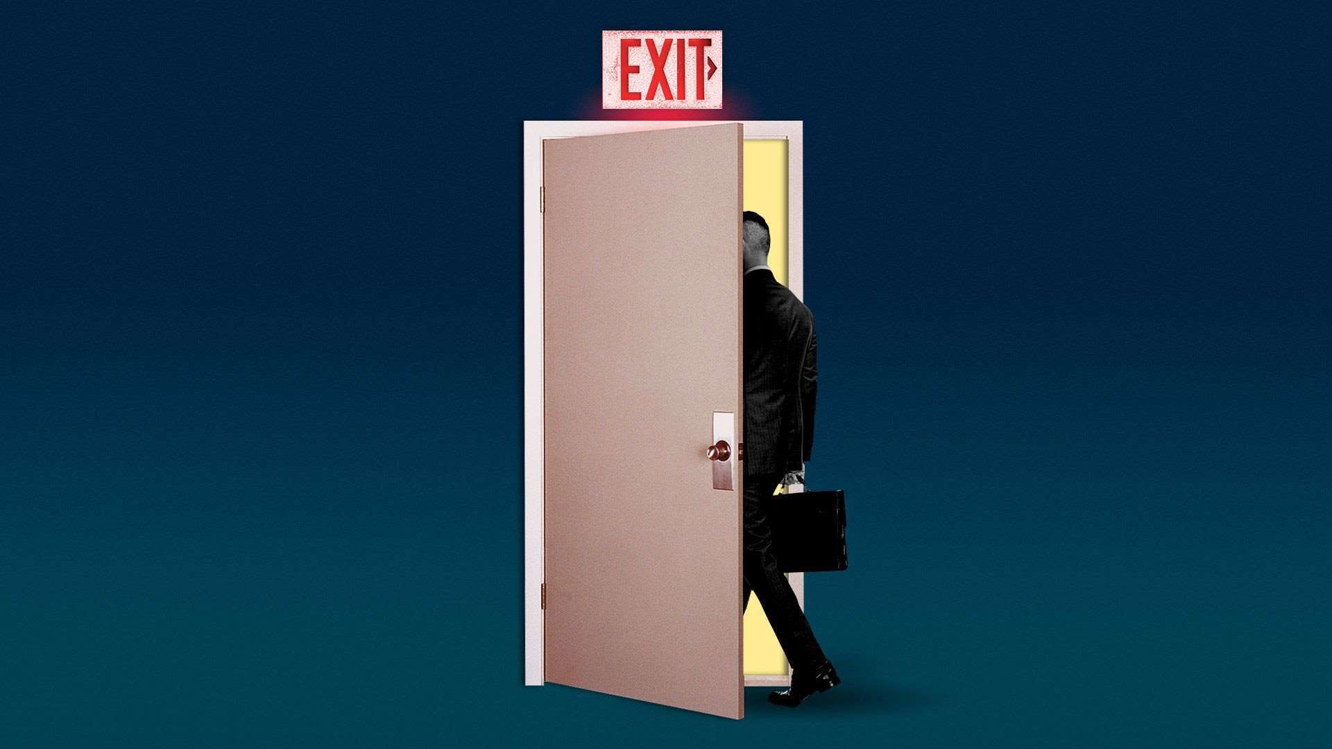 A person in a suit carrying a briefcase walks out a door with an "Exit" sign above it.