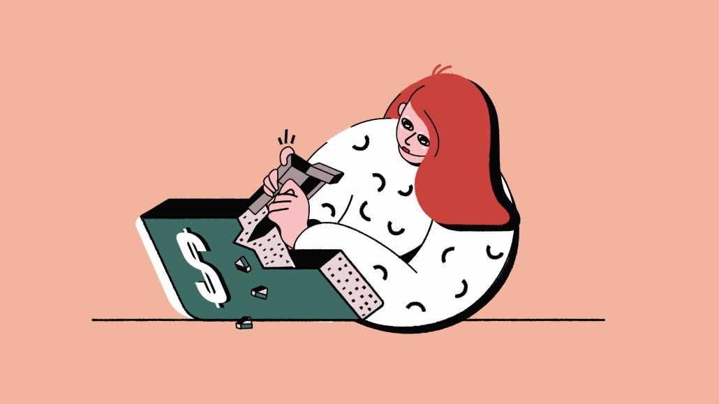An illustration of a woman chiseling money