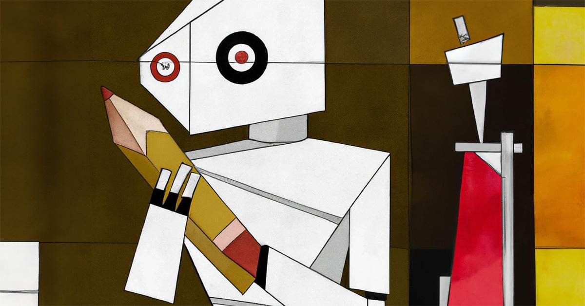 a cubism drawing of a robot holding a pencil