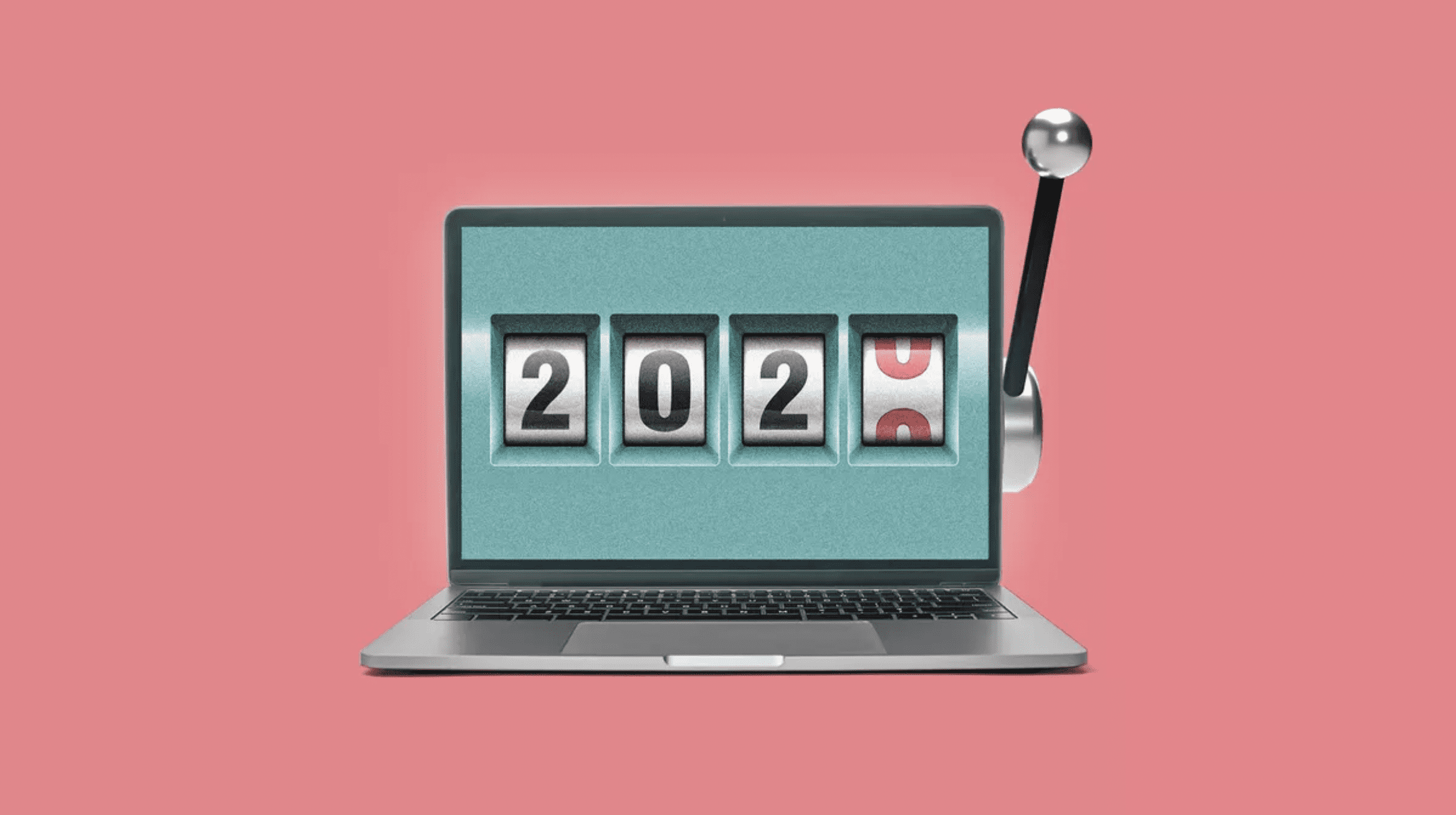 a laptop where the screen shows slot machine numbers flipping from 2022 to 2023