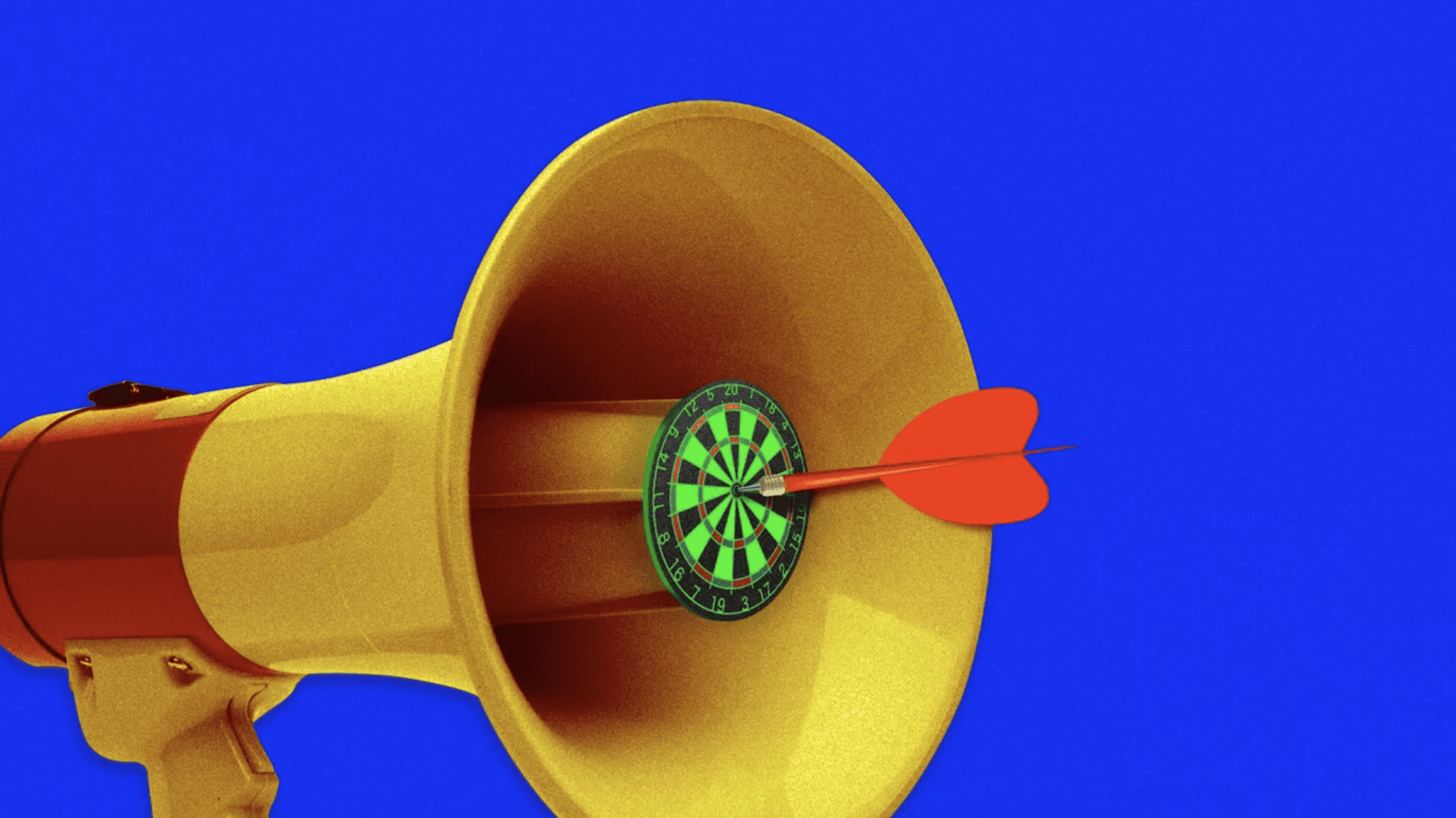 a megaphone with a dart board in the center and a dart in the bullseye