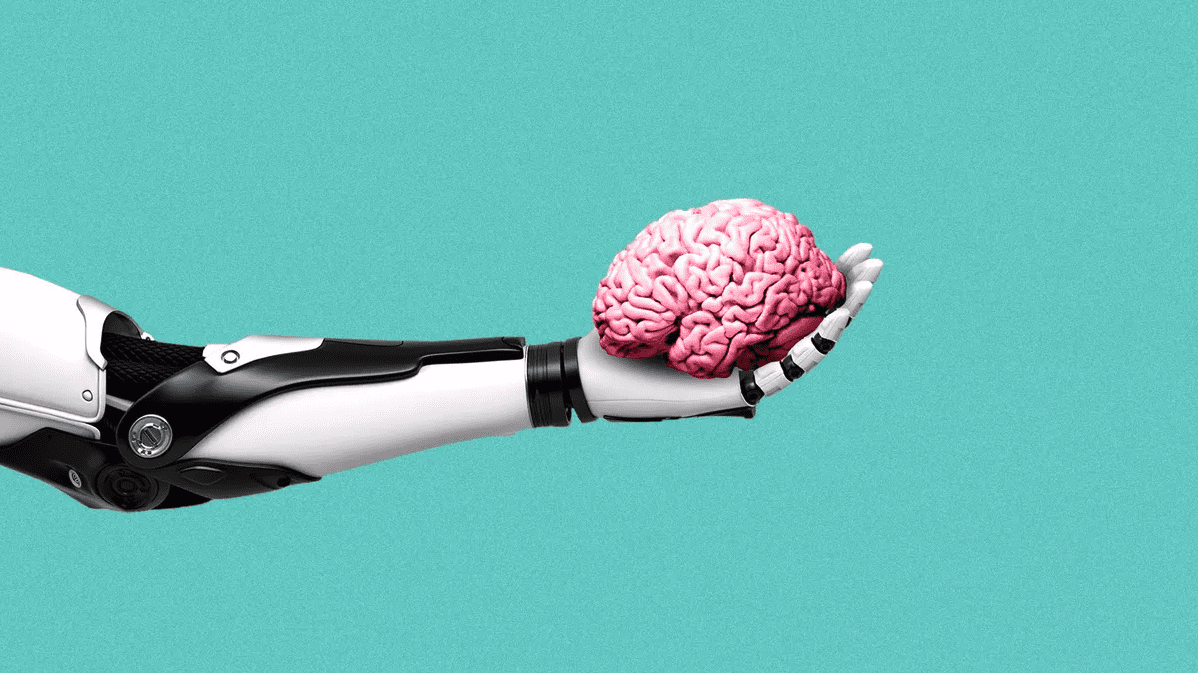 an illustration of a robotic arm holding a brain