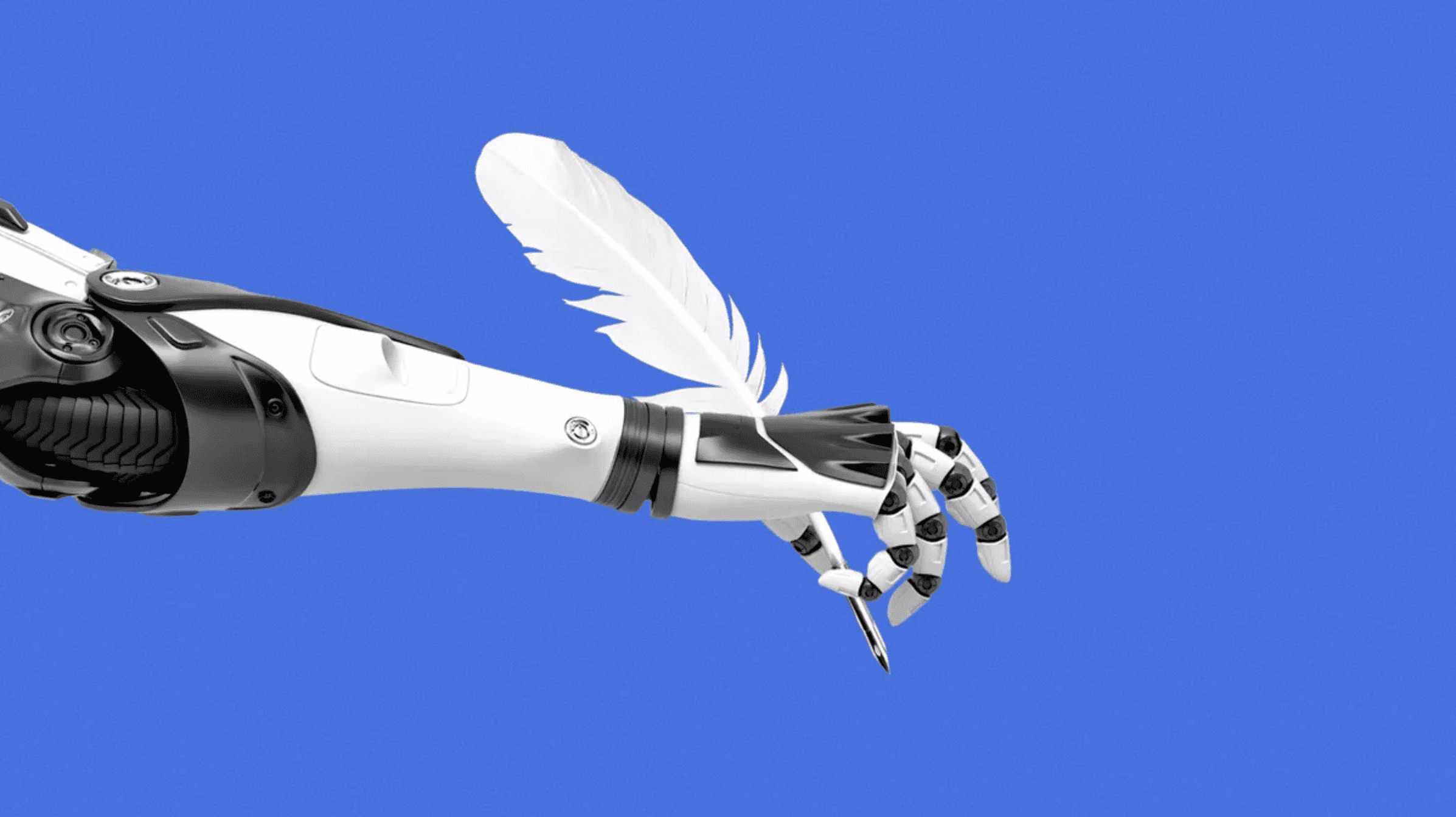 A robotic hand holding a feather pen