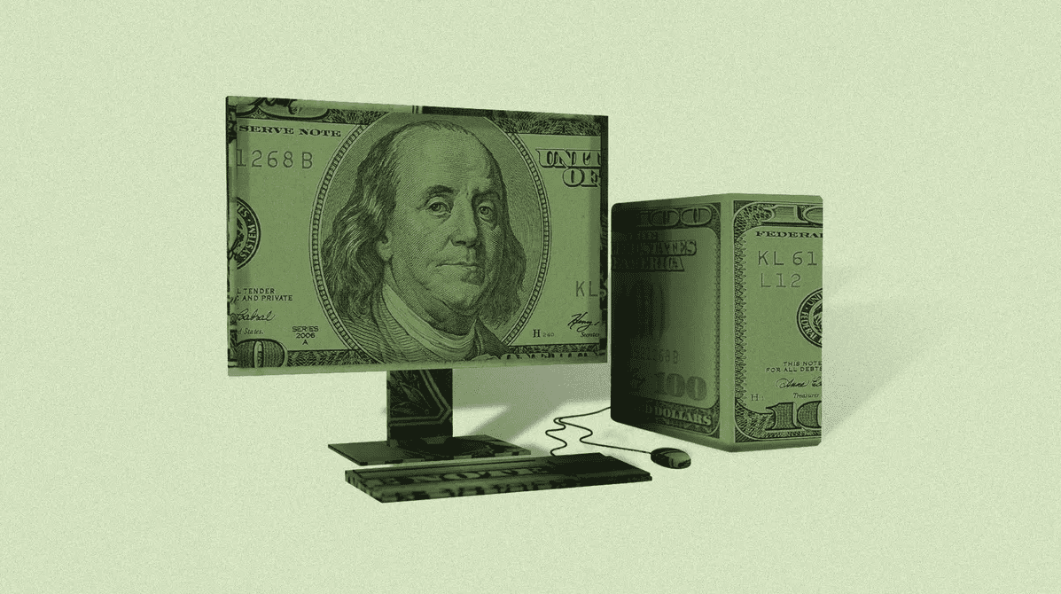 A computer monitor wrapped in money