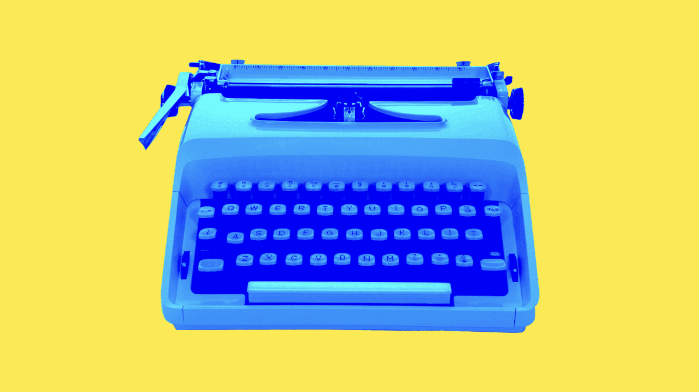 A blue typewriter on a yellow background