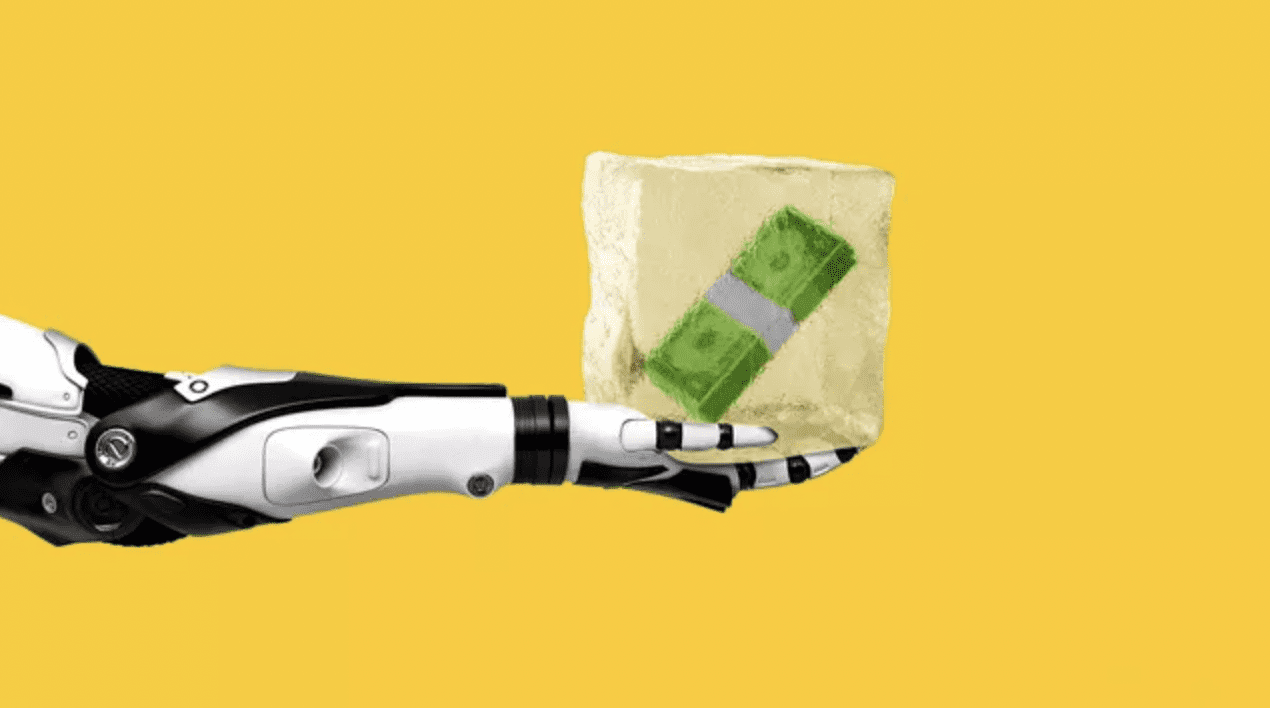 Robot arm holding block of ice with money inside
