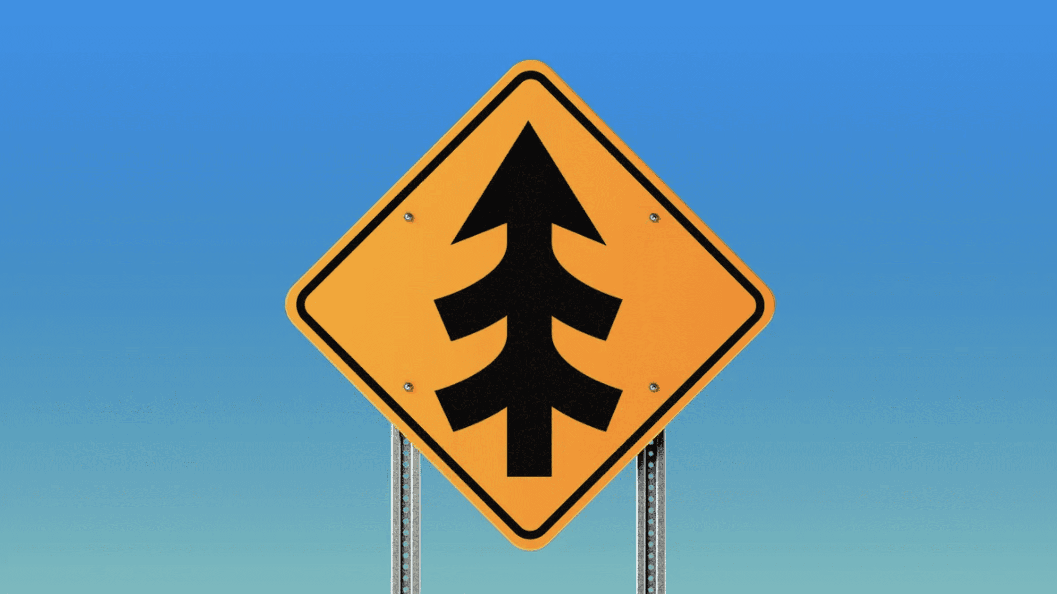 Street sign of an routes merging into one arrow