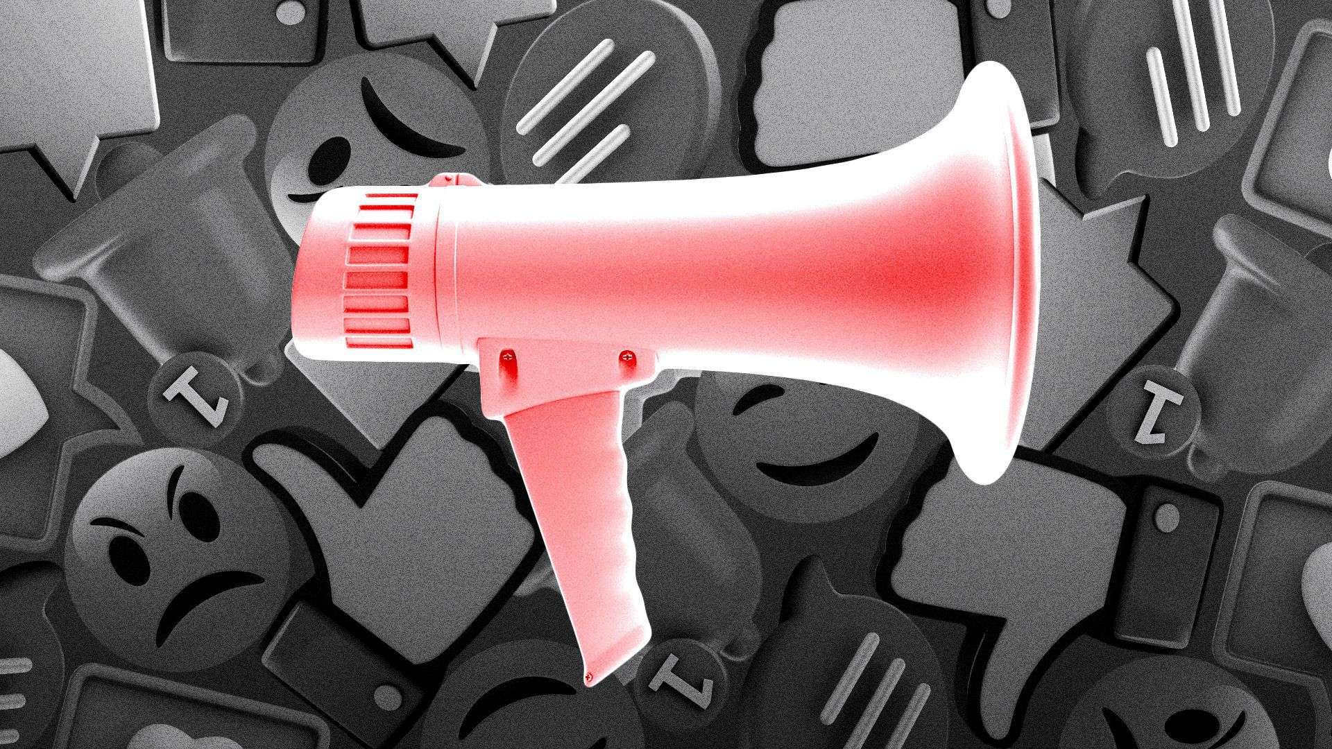 a red megaphone on top of grey emojis